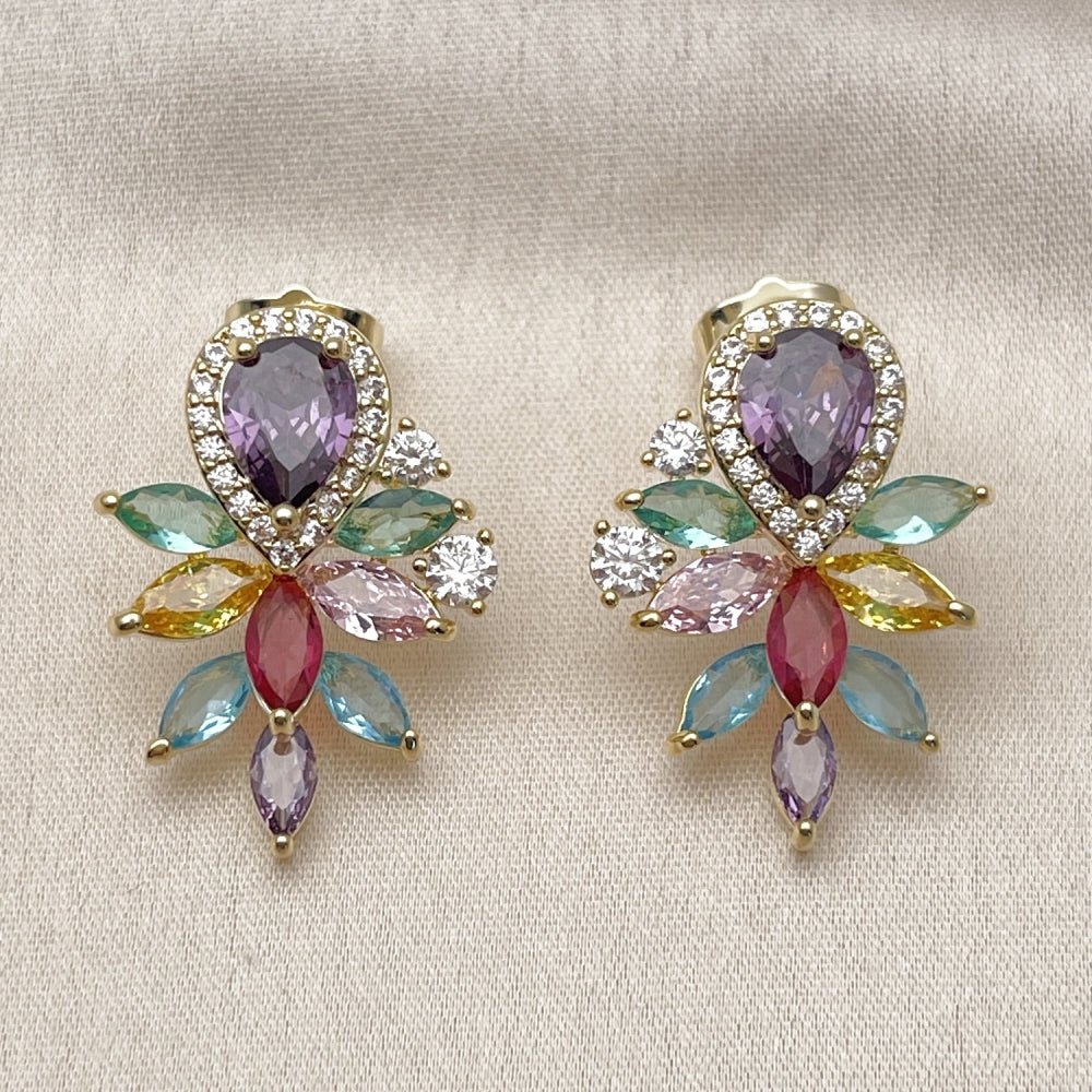Oro Laminado Stud Earring, Gold Filled Style Teardrop and Cluster Design, with Multicolor Cubic Zirconia and White Micro Pave, Polished, Golden Finish