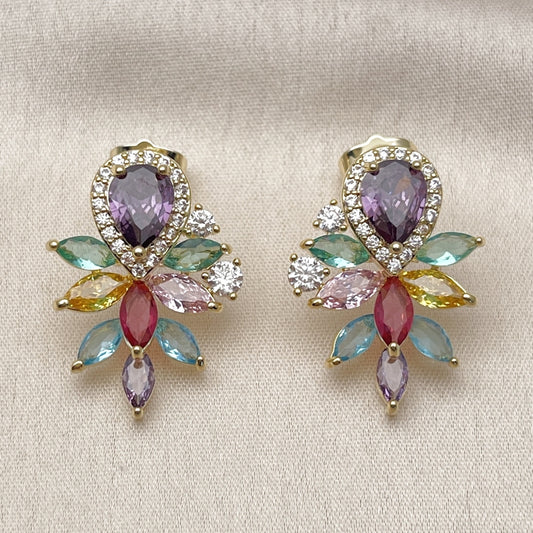 Oro Laminado Stud Earring, Gold Filled Style Teardrop and Cluster Design, with Multicolor Cubic Zirconia and White Micro Pave, Polished, Golden Finish