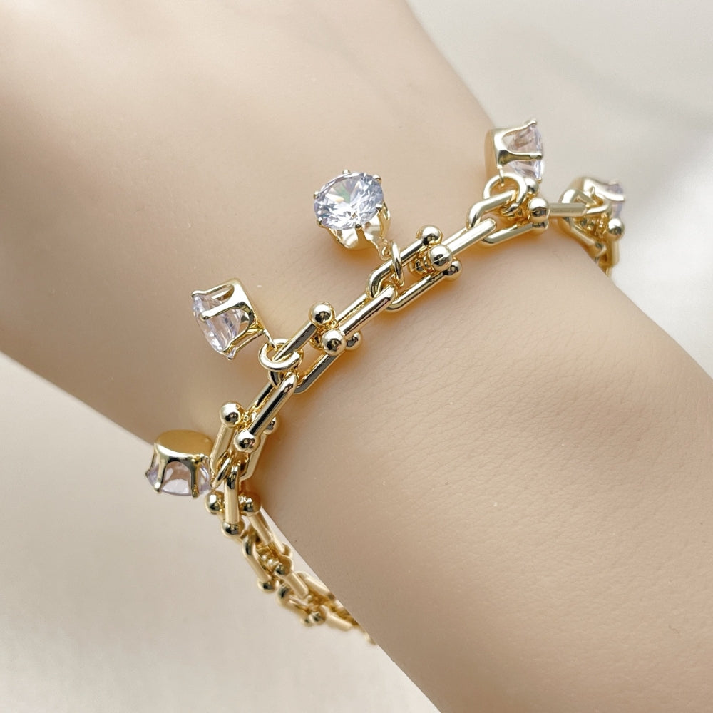 Oro Laminado Charm Bracelet, Gold Filled Style with White Cubic Zirconia, Polished, Golden Finish