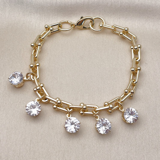Oro Laminado Charm Bracelet, Gold Filled Style with White Cubic Zirconia, Polished, Golden Finish