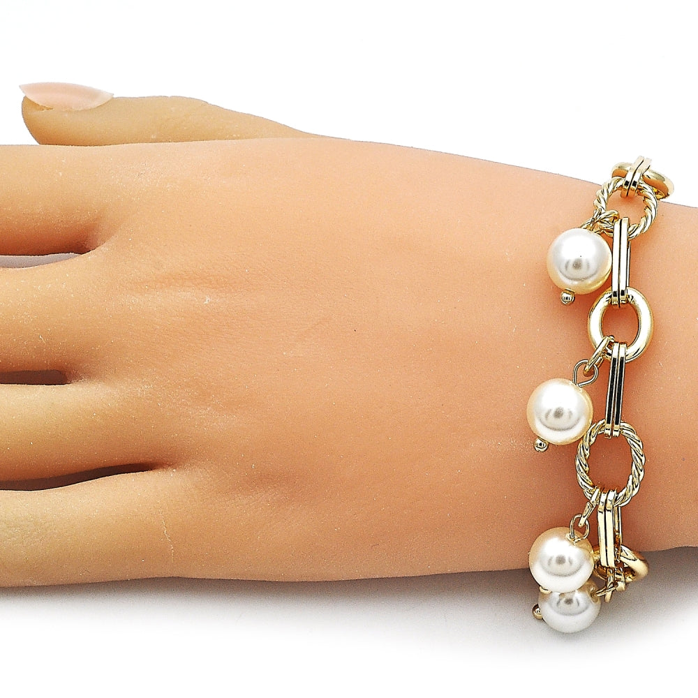 Oro Laminado Charm Bracelet, Gold Filled Style Ball and Twist Design, with Ivory Pearl, Polished, Golden Finish