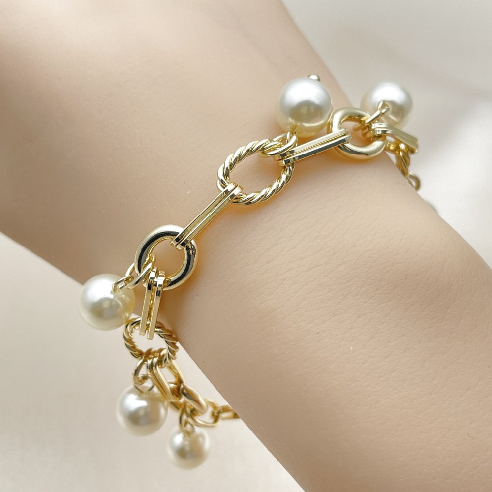 Oro Laminado Charm Bracelet, Gold Filled Style Ball and Twist Design, with Ivory Pearl, Polished, Golden Finish
