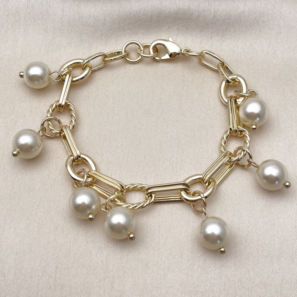 Oro Laminado Charm Bracelet, Gold Filled Style Ball and Twist Design, with Ivory Pearl, Polished, Golden Finish