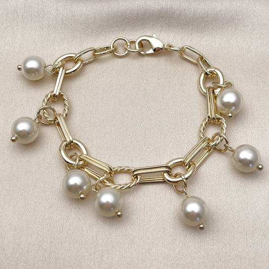 Oro Laminado Charm Bracelet, Gold Filled Style Ball and Twist Design, with Ivory Pearl, Polished, Golden Finish