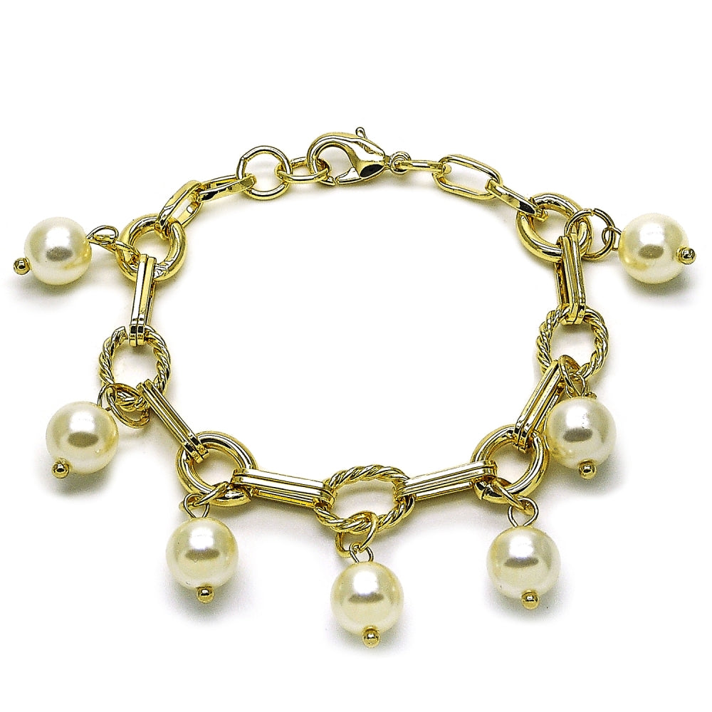 Oro Laminado Charm Bracelet, Gold Filled Style Ball and Twist Design, with Ivory Pearl, Polished, Golden Finish