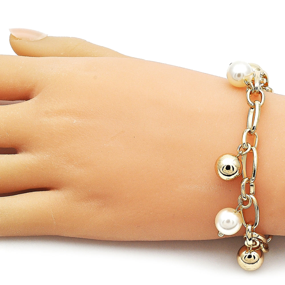 Oro Laminado Charm Bracelet, Gold Filled Style Ball Design, with Ivory Pearl, Polished, Golden Finish