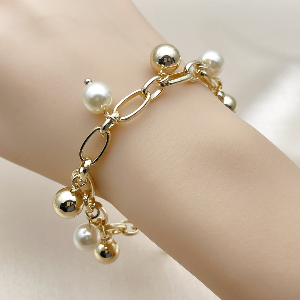 Oro Laminado Charm Bracelet, Gold Filled Style Ball Design, with Ivory Pearl, Polished, Golden Finish