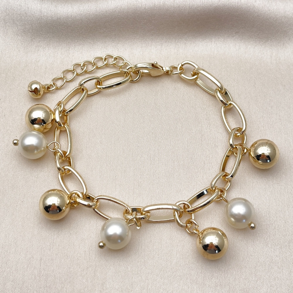 Oro Laminado Charm Bracelet, Gold Filled Style Ball Design, with Ivory Pearl, Polished, Golden Finish