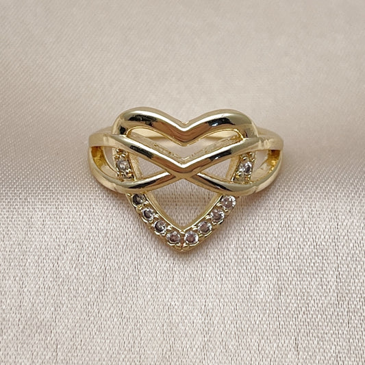 Oro Laminado Elegant Ring, Gold Filled Style Heart and Infinite Design, with White Cubic Zirconia, Polished, Golden Finish