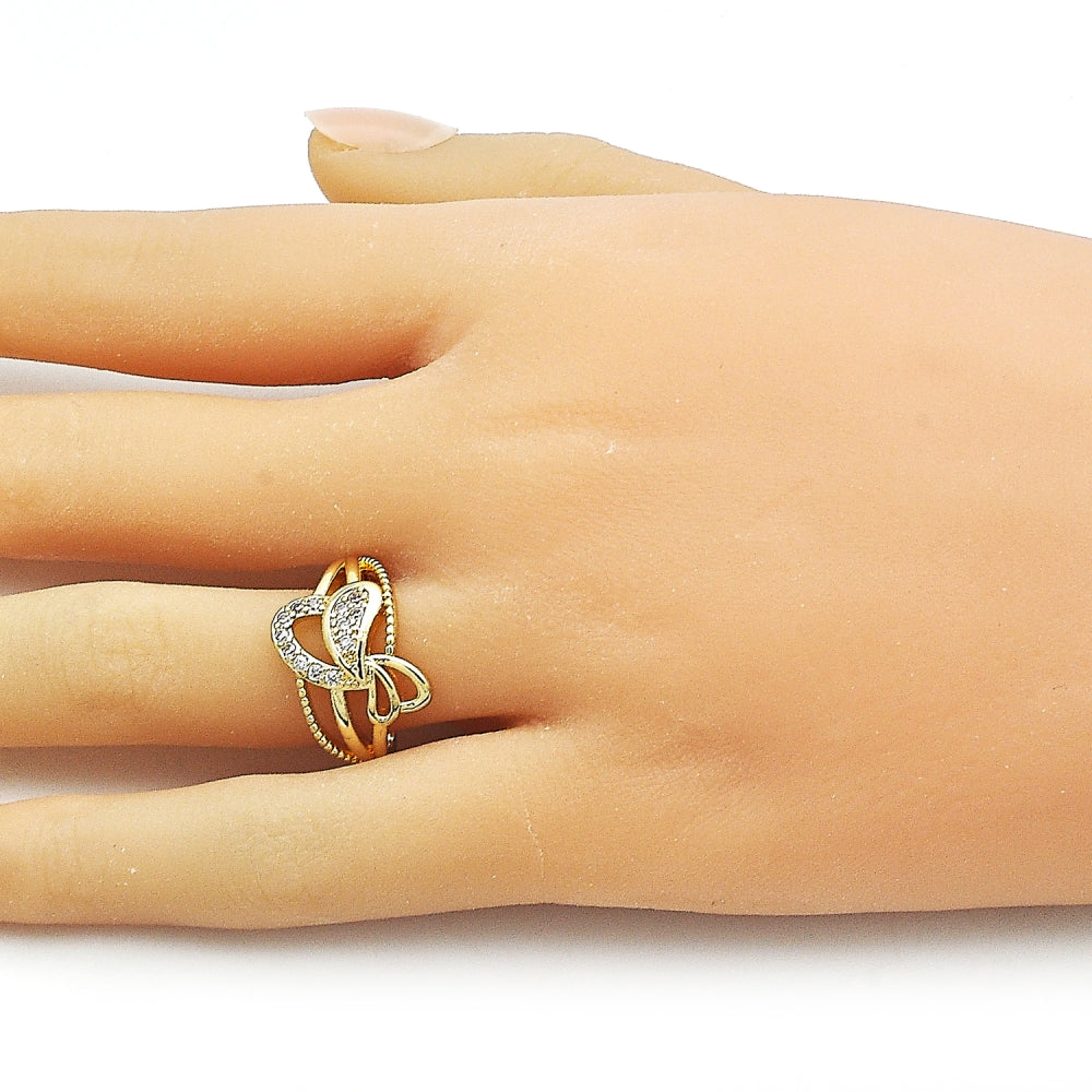 Oro Laminado Multi Stone Ring, Gold Filled Style Heart Design, with White Cubic Zirconia, Polished, Golden Finish