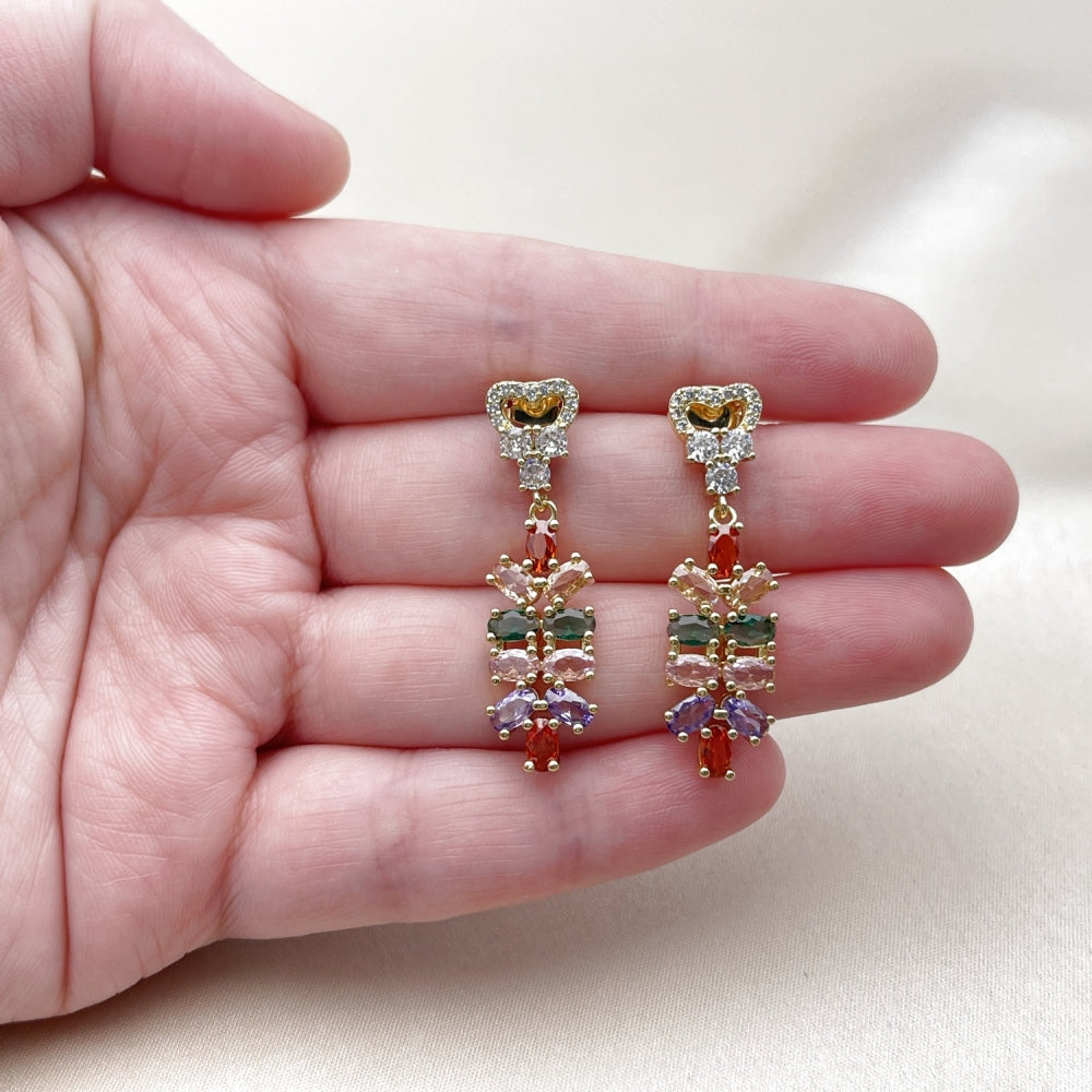 Oro Laminado Long Earring, Gold Filled Style Heart Design, with Multicolor and White Cubic Zirconia, Polished, Golden Finish