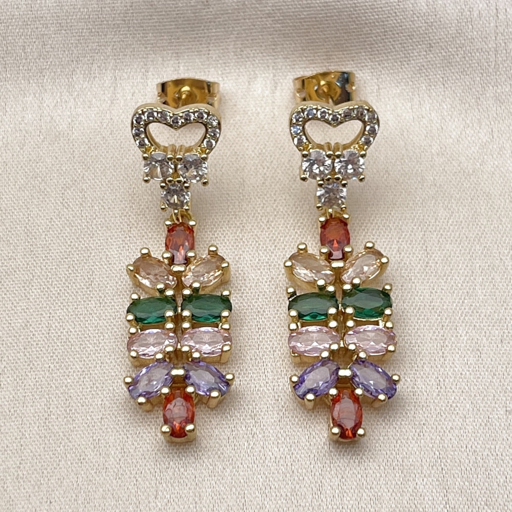 Oro Laminado Long Earring, Gold Filled Style Heart Design, with Multicolor and White Cubic Zirconia, Polished, Golden Finish