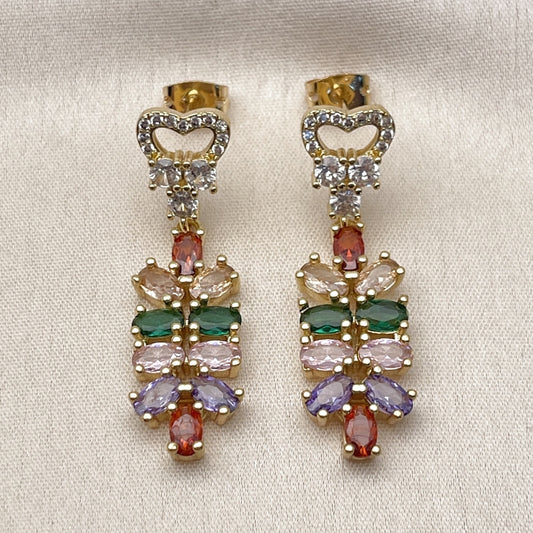 Oro Laminado Long Earring, Gold Filled Style Heart Design, with Multicolor and White Cubic Zirconia, Polished, Golden Finish