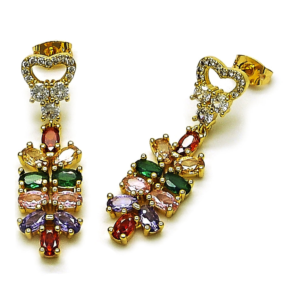 Oro Laminado Long Earring, Gold Filled Style Heart Design, with Multicolor and White Cubic Zirconia, Polished, Golden Finish