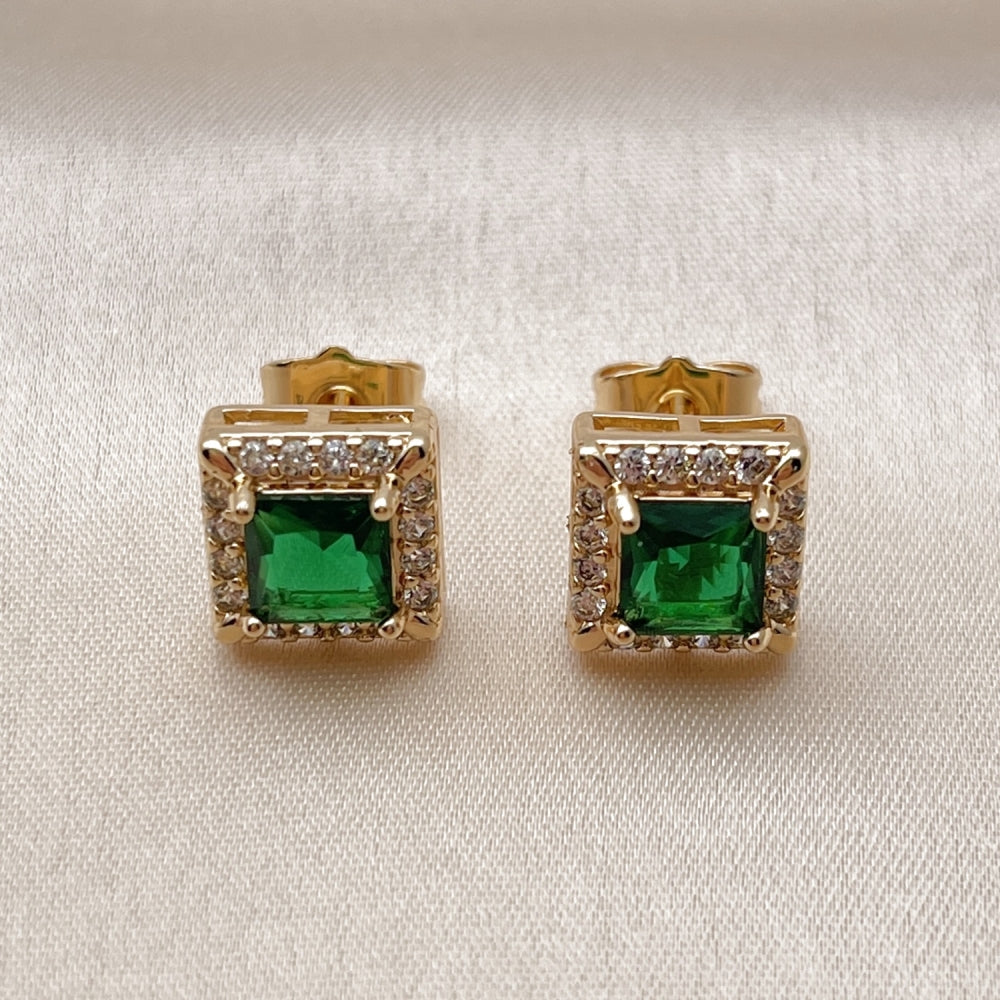Oro Laminado Stud Earring, Gold Filled Style Cluster Design, with Green and White Cubic Zirconia, Polished, Golden Finish
