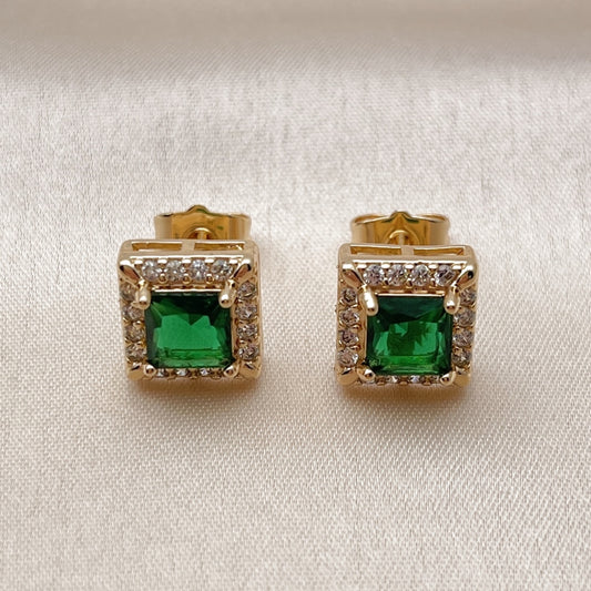 Oro Laminado Stud Earring, Gold Filled Style Cluster Design, with Green and White Cubic Zirconia, Polished, Golden Finish