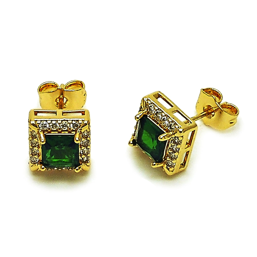 Oro Laminado Stud Earring, Gold Filled Style Cluster Design, with Green and White Cubic Zirconia, Polished, Golden Finish