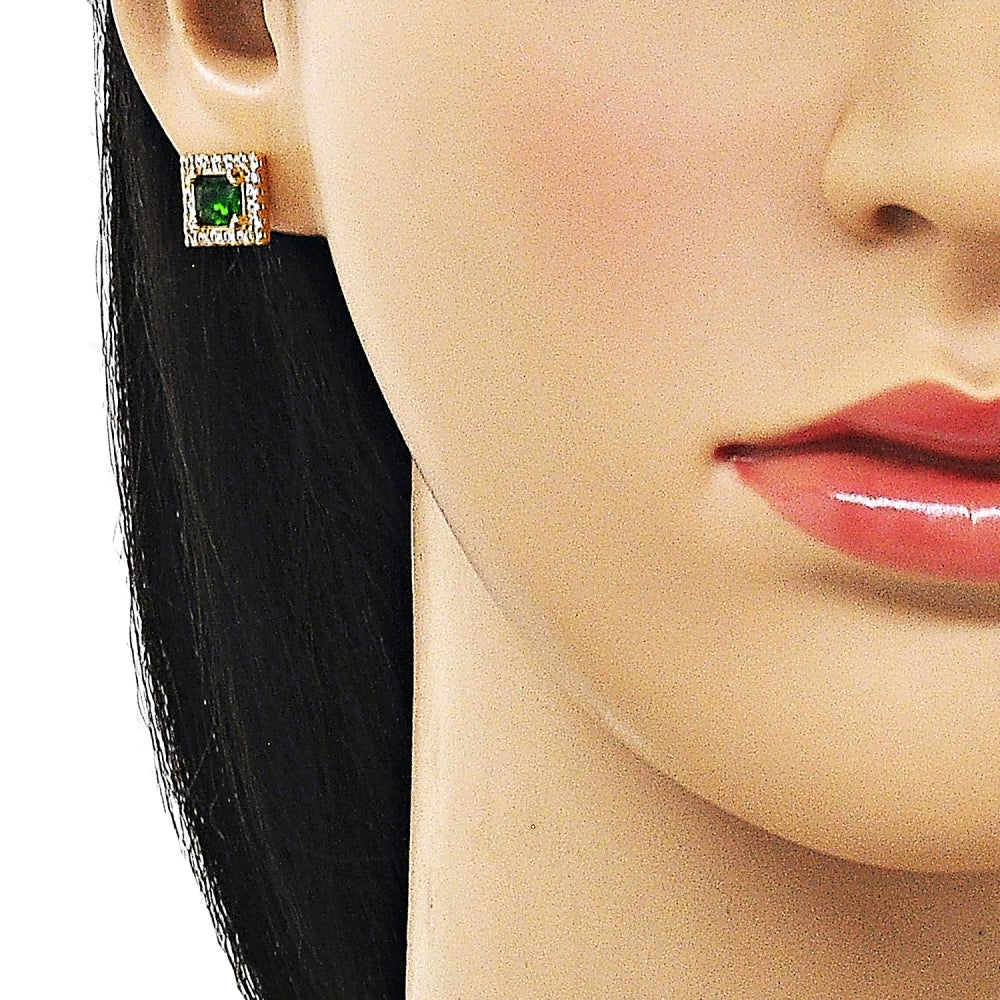 Oro Laminado Stud Earring, Gold Filled Style Cluster Design, with Green and White Cubic Zirconia, Polished, Golden Finish