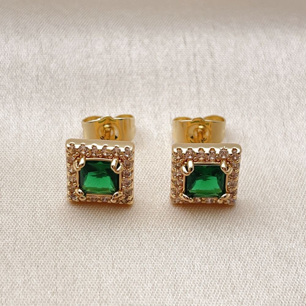Oro Laminado Stud Earring, Gold Filled Style Cluster Design, with Green and White Cubic Zirconia, Polished, Golden Finish