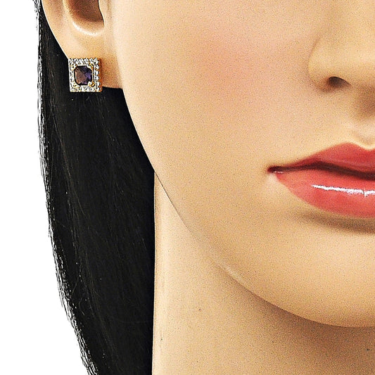 Oro Laminado Stud Earring, Gold Filled Style Cluster Design, with Amethyst and White Cubic Zirconia, Polished, Golden Finish