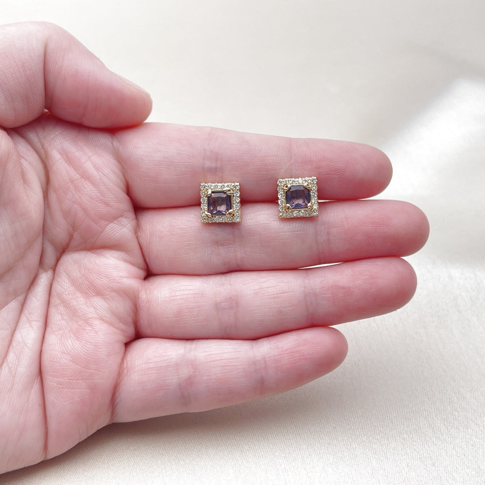 Oro Laminado Stud Earring, Gold Filled Style Cluster Design, with Amethyst and White Cubic Zirconia, Polished, Golden Finish