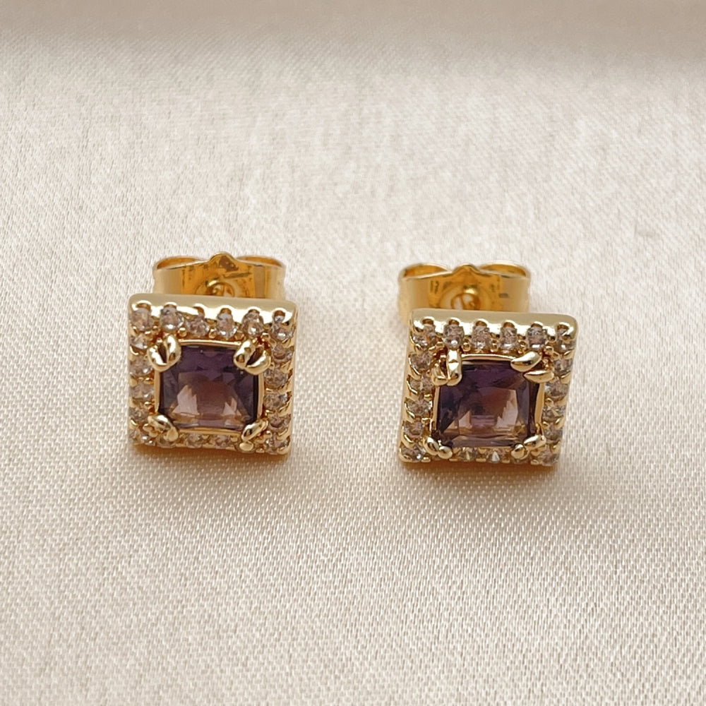 Oro Laminado Stud Earring, Gold Filled Style Cluster Design, with Amethyst and White Cubic Zirconia, Polished, Golden Finish