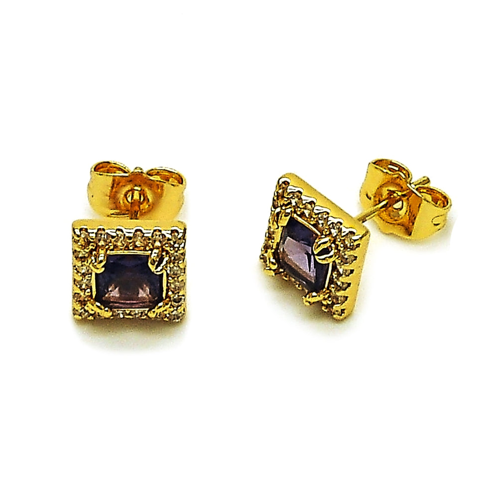 Oro Laminado Stud Earring, Gold Filled Style Cluster Design, with Amethyst and White Cubic Zirconia, Polished, Golden Finish