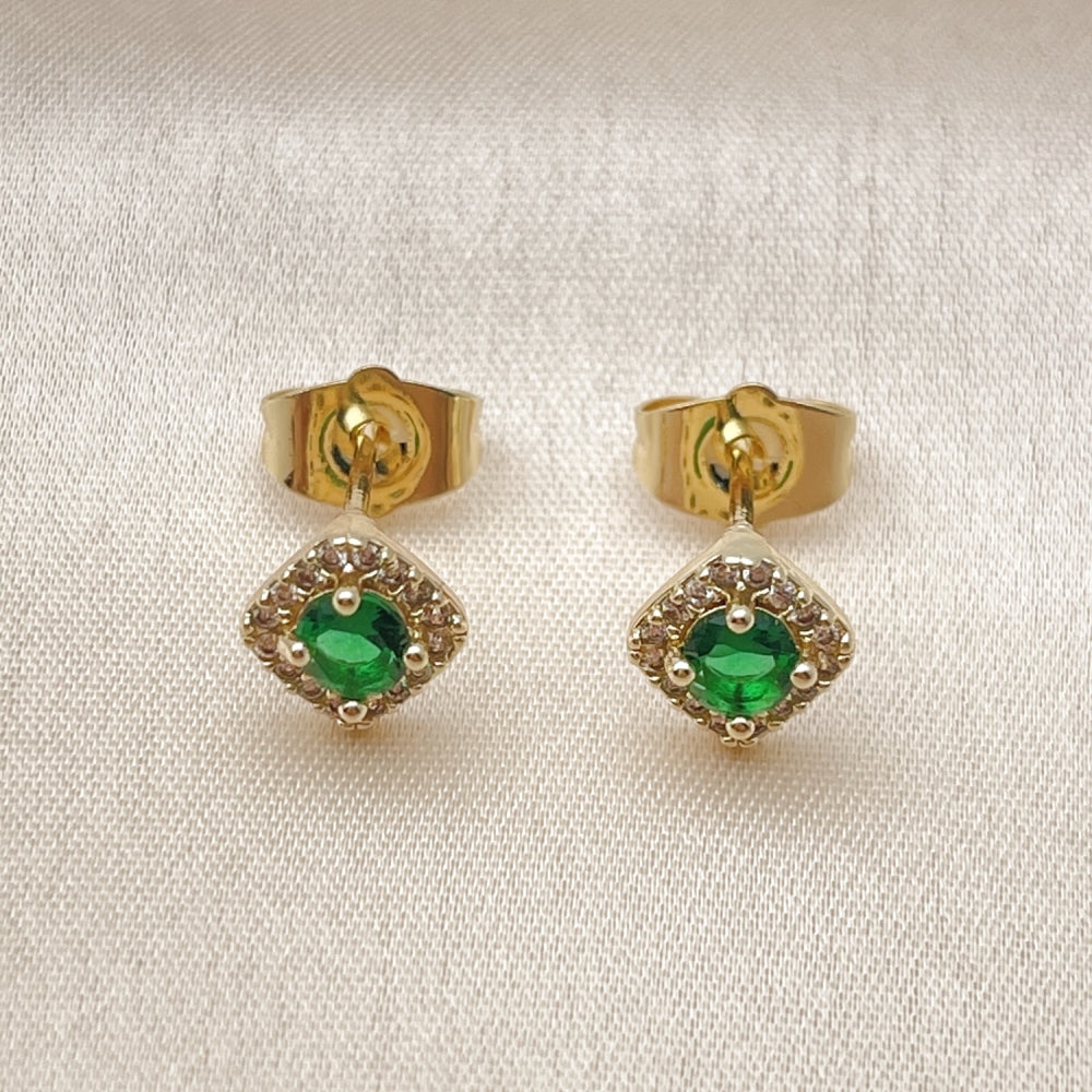Oro Laminado Stud Earring, Gold Filled Style Cluster Design, with Green Cubic Zirconia and White Micro Pave, Polished, Golden Finish