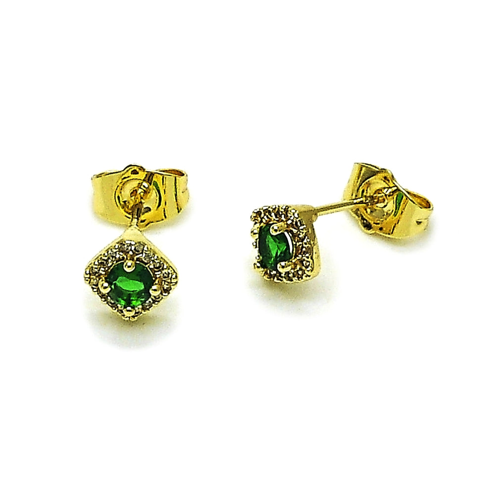Oro Laminado Stud Earring, Gold Filled Style Cluster Design, with Green Cubic Zirconia and White Micro Pave, Polished, Golden Finish