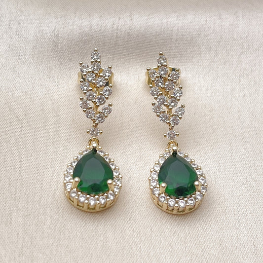 Oro Laminado Dangle Earring, Gold Filled Style Teardrop and Leaf Design, with Green and White Cubic Zirconia, Polished, Golden Finish