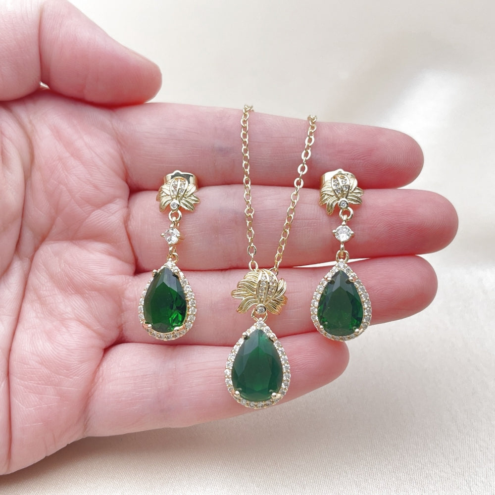 Oro Laminado Earring and Pendant Adult Set, Gold Filled Style Teardrop and Cluster Design, with Green Cubic Zirconia and White Micro Pave, Polished, Golden Finish