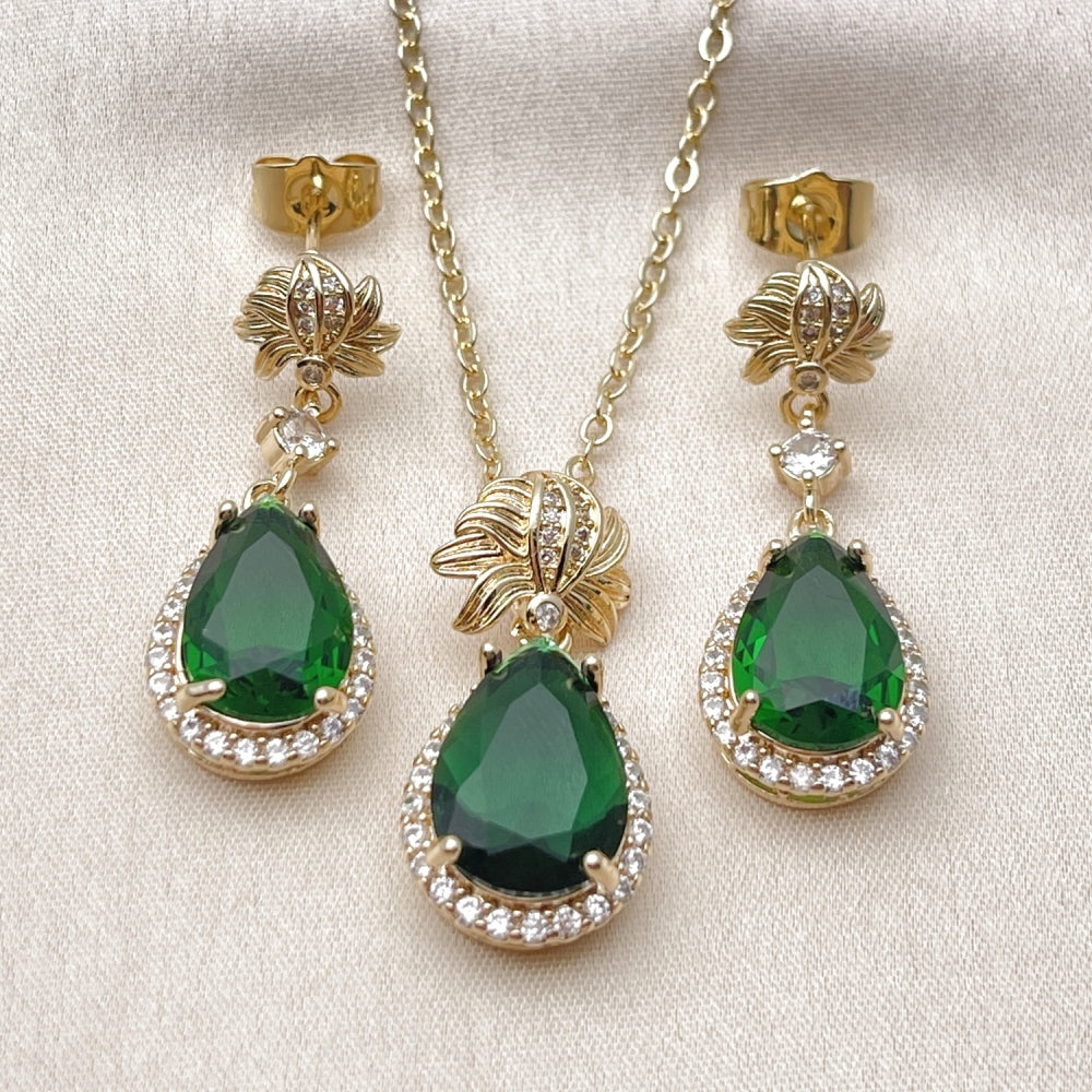 Oro Laminado Earring and Pendant Adult Set, Gold Filled Style Teardrop and Cluster Design, with Green Cubic Zirconia and White Micro Pave, Polished, Golden Finish