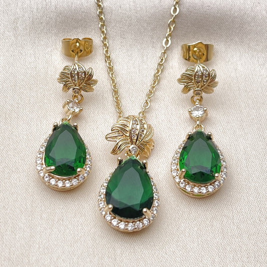 Oro Laminado Earring and Pendant Adult Set, Gold Filled Style Teardrop and Cluster Design, with Green Cubic Zirconia and White Micro Pave, Polished, Golden Finish
