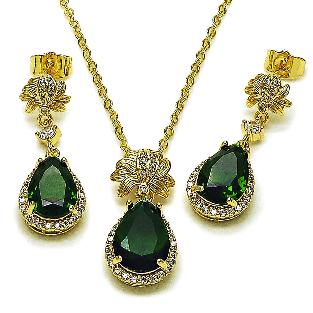 Oro Laminado Earring and Pendant Adult Set, Gold Filled Style Teardrop and Cluster Design, with Green Cubic Zirconia and White Micro Pave, Polished, Golden Finish
