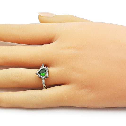 Oro Laminado Multi Stone Ring, Gold Filled Style Heart and Cluster Design, with Green and White Cubic Zirconia, Polished, Golden Finish