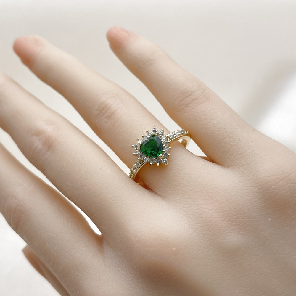 Oro Laminado Multi Stone Ring, Gold Filled Style Heart and Cluster Design, with Green and White Cubic Zirconia, Polished, Golden Finish