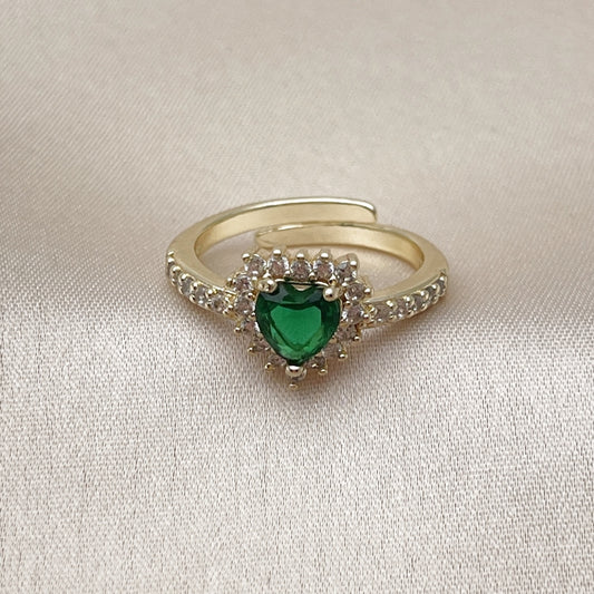Oro Laminado Multi Stone Ring, Gold Filled Style Heart and Cluster Design, with Green and White Cubic Zirconia, Polished, Golden Finish