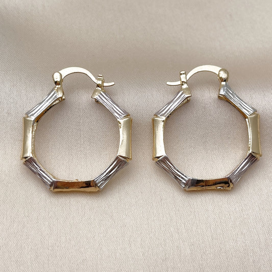 Oro Laminado Medium Hoop, Gold Filled Style Bamboo Design, Diamond Cutting Finish, Tricolor