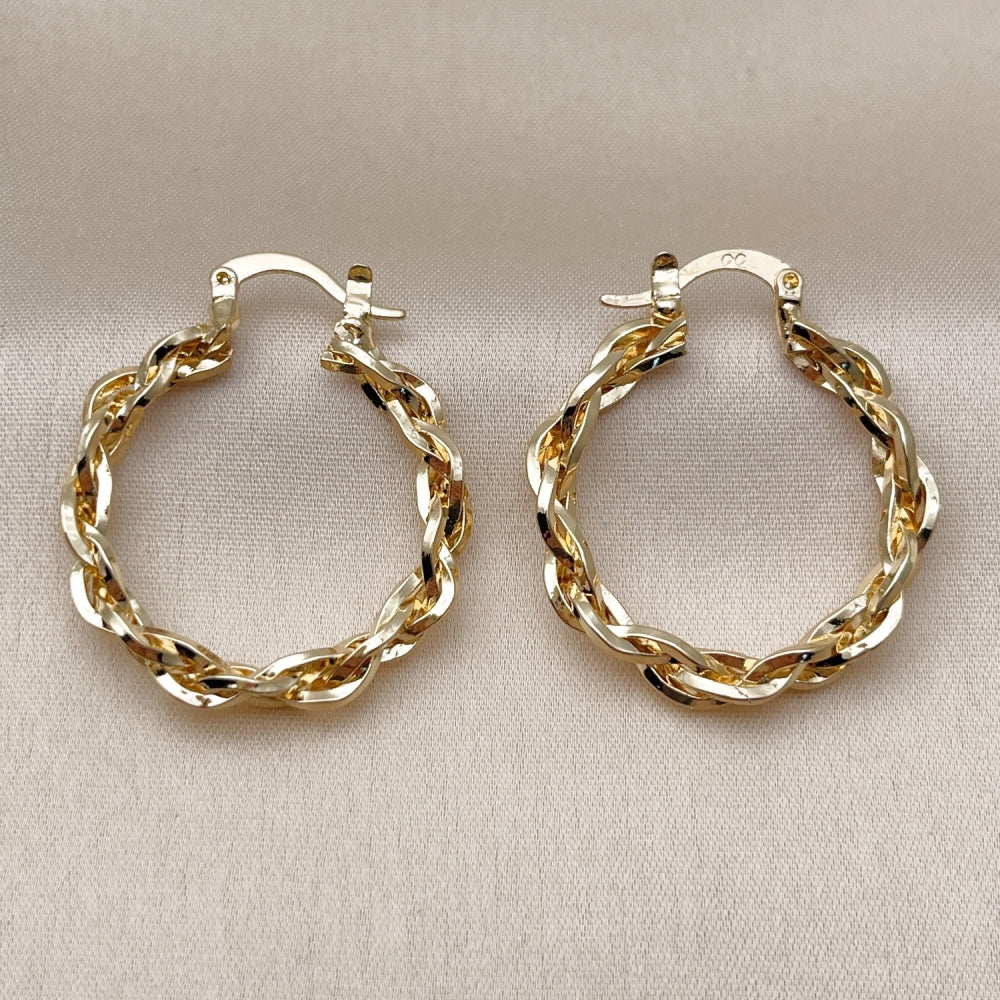 Oro Laminado Medium Hoop, Gold Filled Style Twist Design, Diamond Cutting Finish, Golden Finish