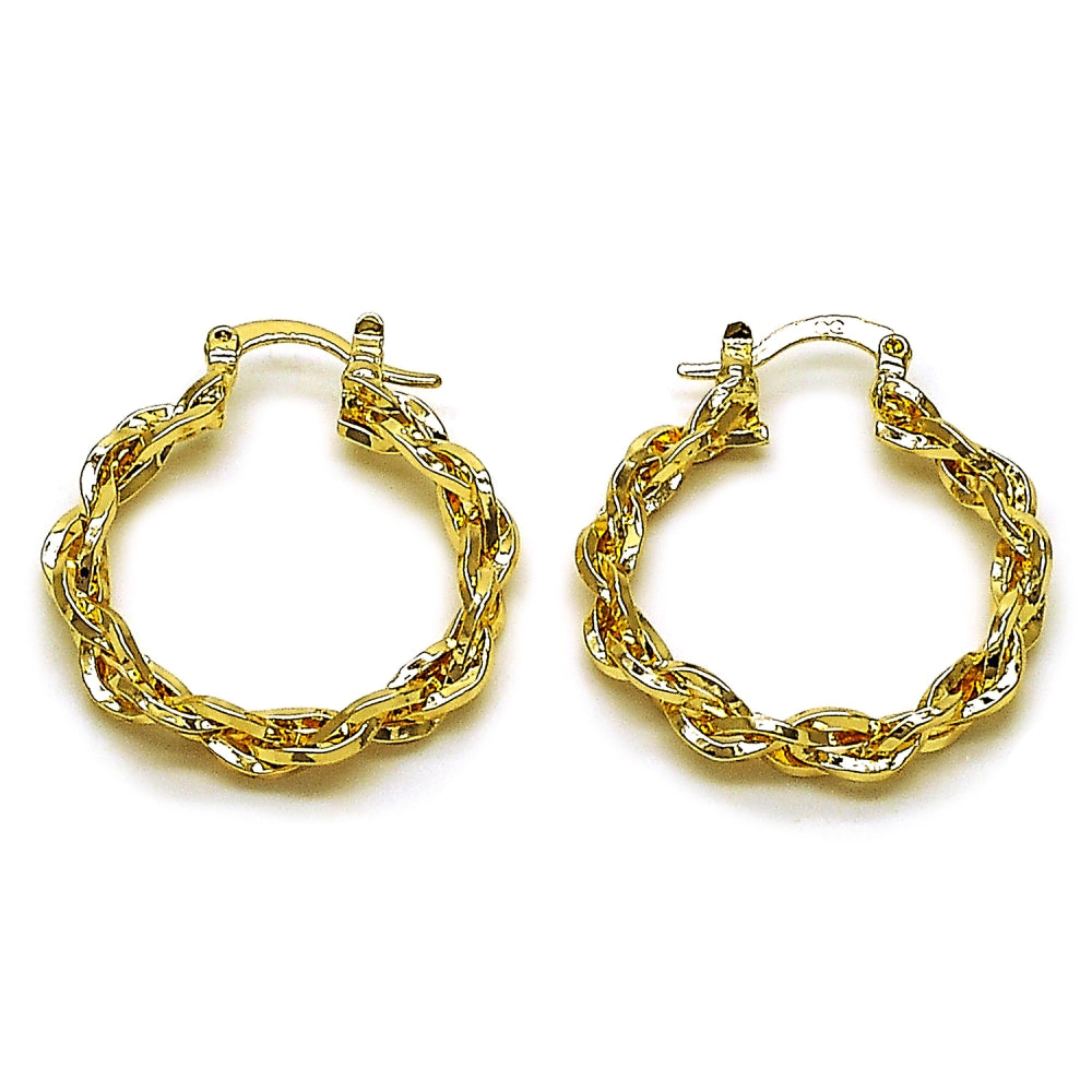 Oro Laminado Medium Hoop, Gold Filled Style Twist Design, Diamond Cutting Finish, Golden Finish
