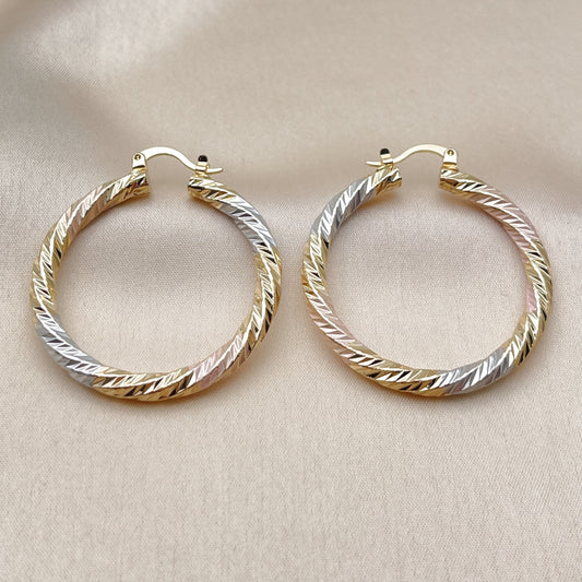 Oro Laminado Medium Hoop, Gold Filled Style Twist Design, Diamond Cutting Finish, Tricolor