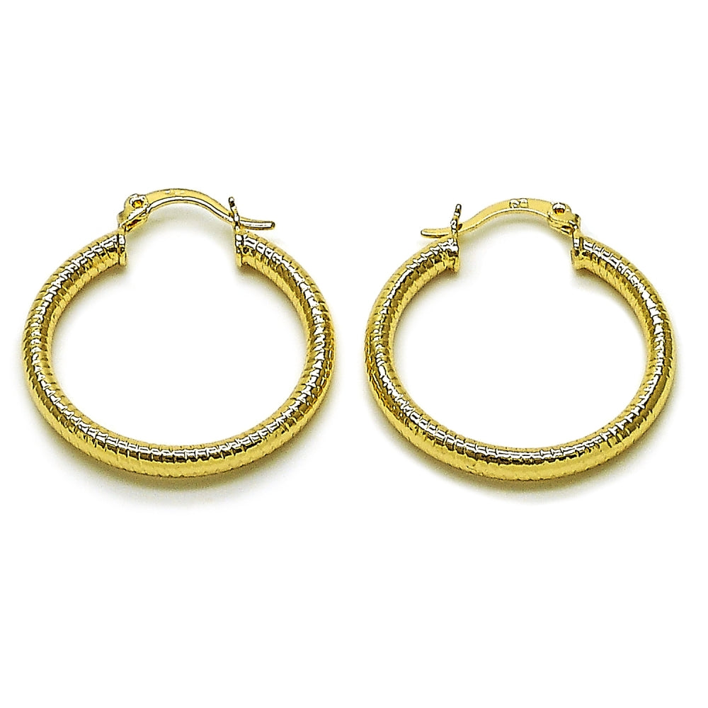 Oro Laminado Medium Hoop, Gold Filled Style Hollow Design, Diamond Cutting Finish, Golden Finish