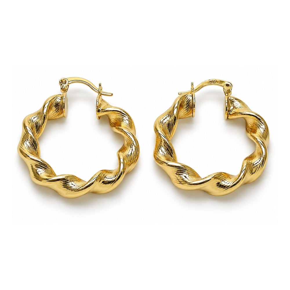 Oro Laminado Medium Hoop, Gold Filled Style Twist and Hollow Design, Diamond Cutting Finish, Golden Finish