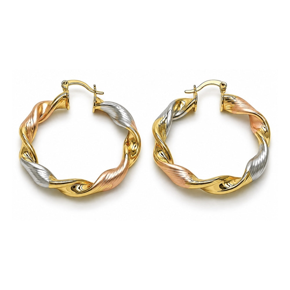 Oro Laminado Medium Hoop, Gold Filled Style Twist and Hollow Design, Diamond Cutting Finish, Tricolor