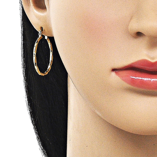 Oro Laminado Medium Hoop, Gold Filled Style Twist Design, Diamond Cutting Finish, Golden Finish