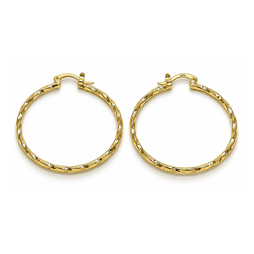 Oro Laminado Medium Hoop, Gold Filled Style Twist Design, Diamond Cutting Finish, Golden Finish