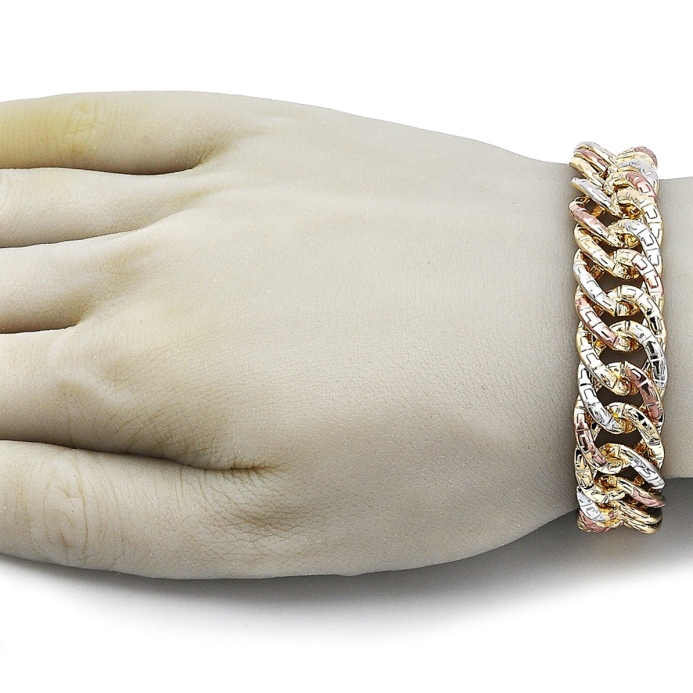 Oro Laminado Solid Bracelet, Gold Filled Style Greek Key Design, Polished, Tricolor