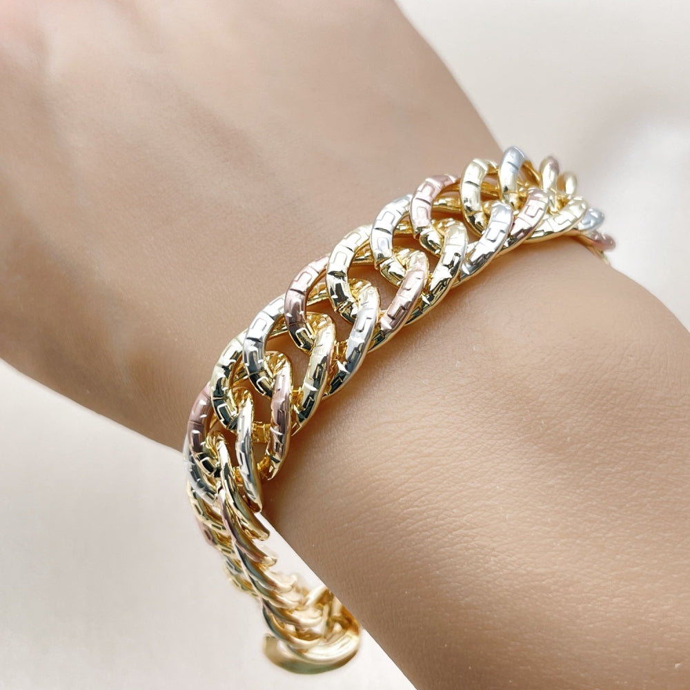 Oro Laminado Solid Bracelet, Gold Filled Style Greek Key Design, Polished, Tricolor