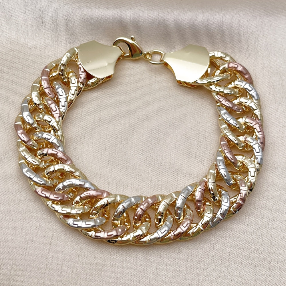 Oro Laminado Solid Bracelet, Gold Filled Style Greek Key Design, Polished, Tricolor