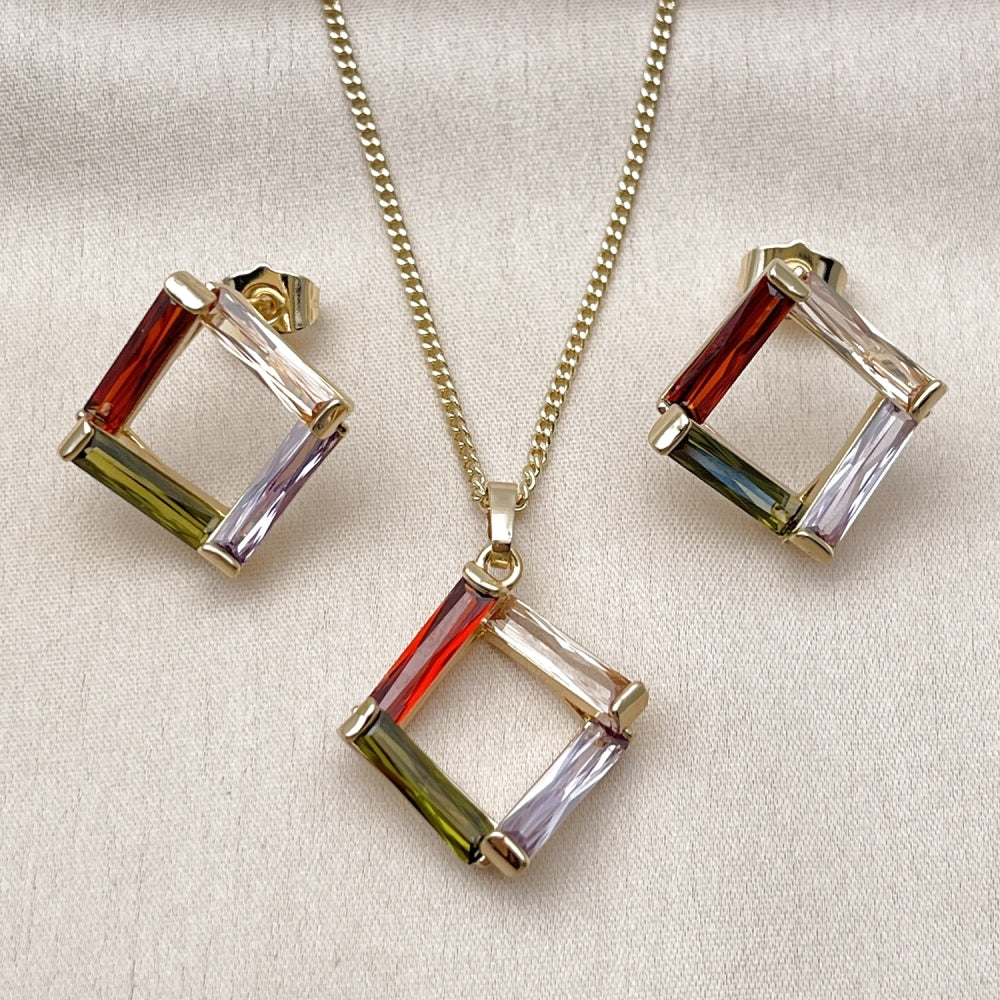 Oro Laminado Earring and Pendant Adult Set, Gold Filled Style Baguette Design, with Multicolor Cubic Zirconia, Polished, Golden Finish